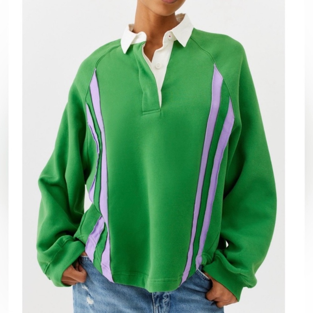 NWT UO Vintage Look Collared Henley Light Sweatshirt – Green / Lavender Striped